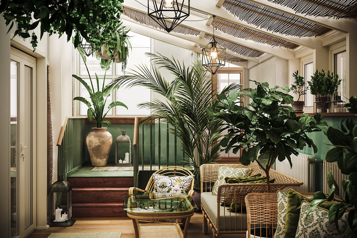 Сучасний фітодизайн в інтер'єрі вітальні з великою кількістю зелених рослин на полицях.