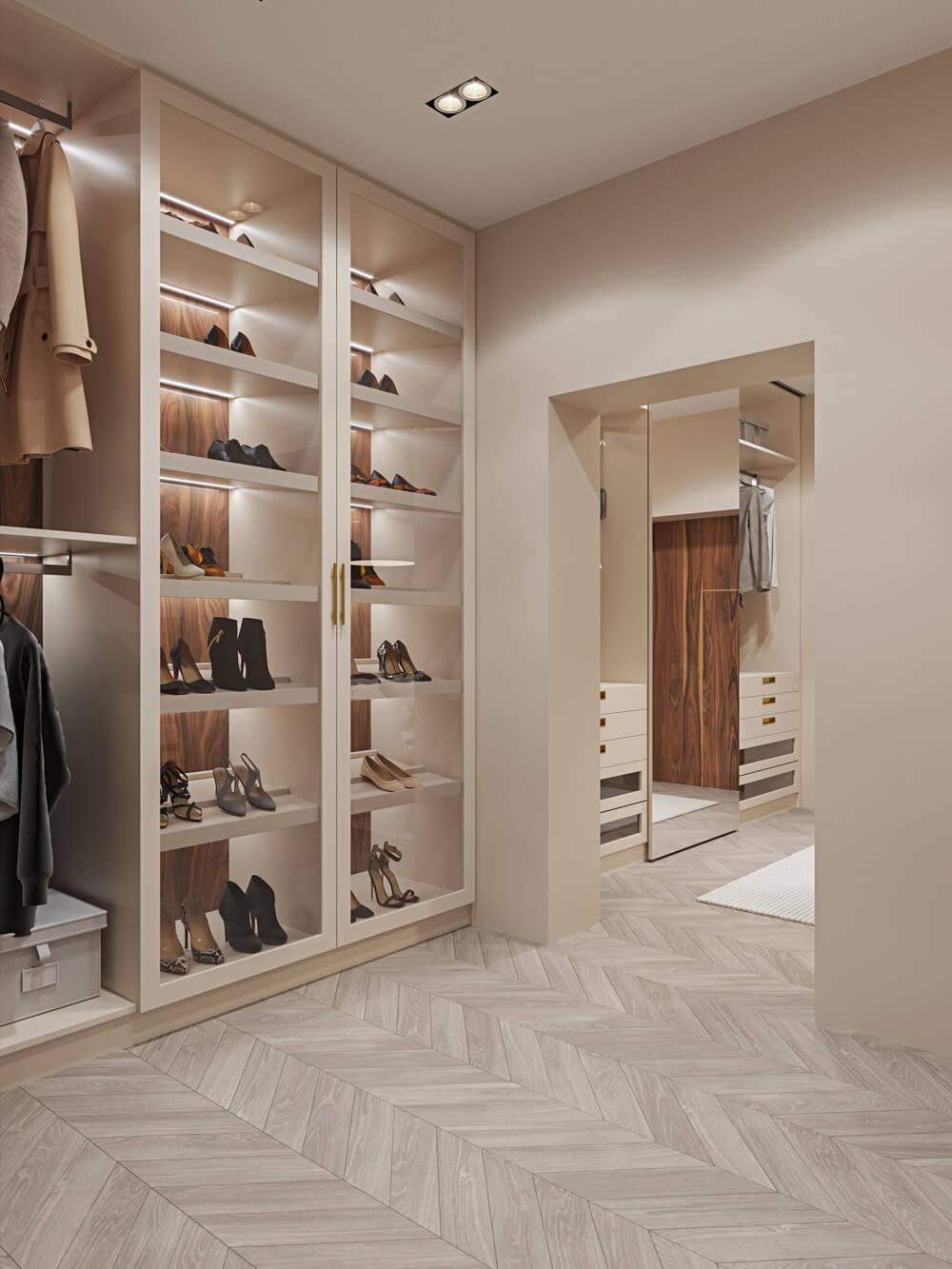 Стильна гардеробна кімната з підсвіткою для зручного вибору одягу.