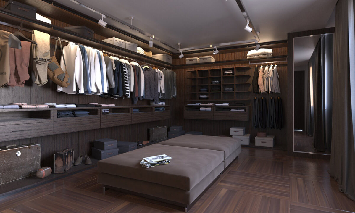 Гардеробна кімната з різними системами зберігання: полиці, ящики, штанги.