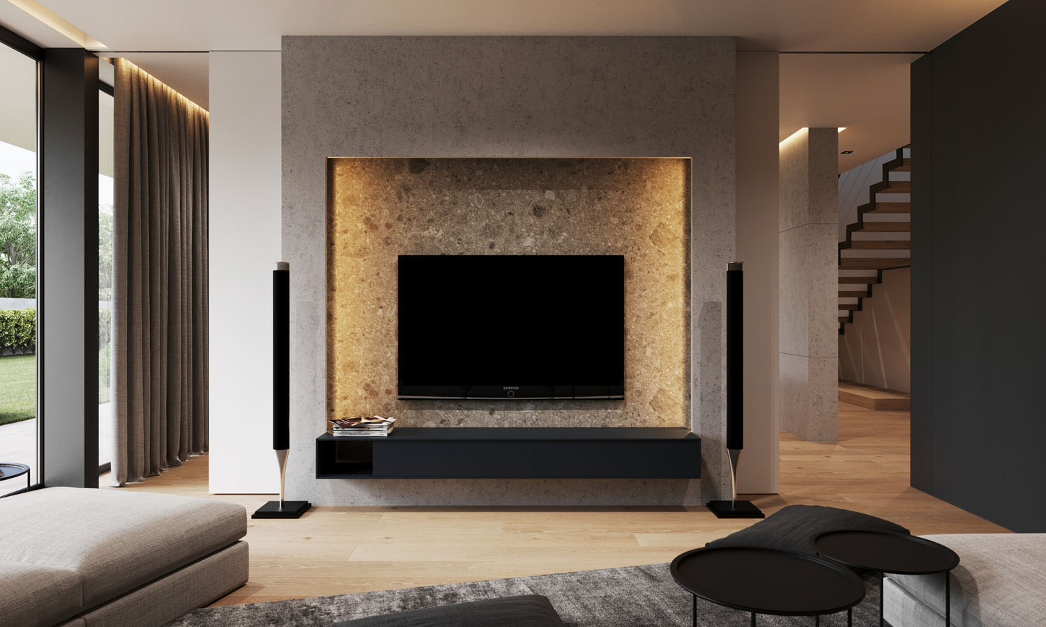 Мінімалістичний дизайн вітальні з телевізором на тумбі та зеленню, сучасне розміщення телевізора