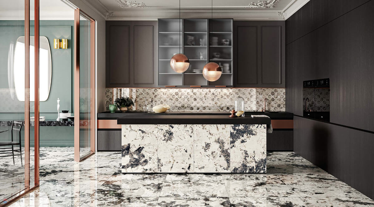 Інтер'єр кухні з оздобленням гнучким каменем: практичне та стильне рішення для стін.