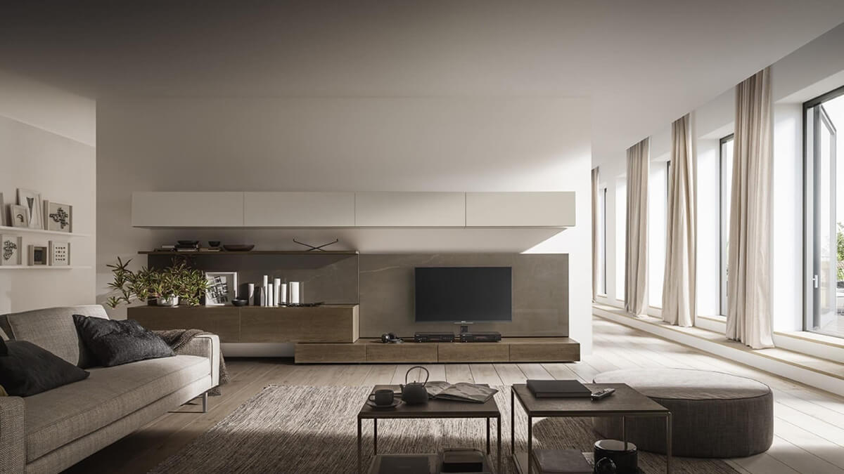Мінімалістичний дизайн вітальні з акцентом на простір та функціональність.