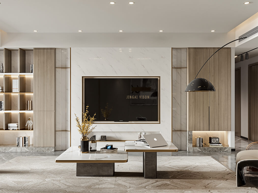 Інтер'єр вітальні з сучасними акцентами та декоративними елементами.