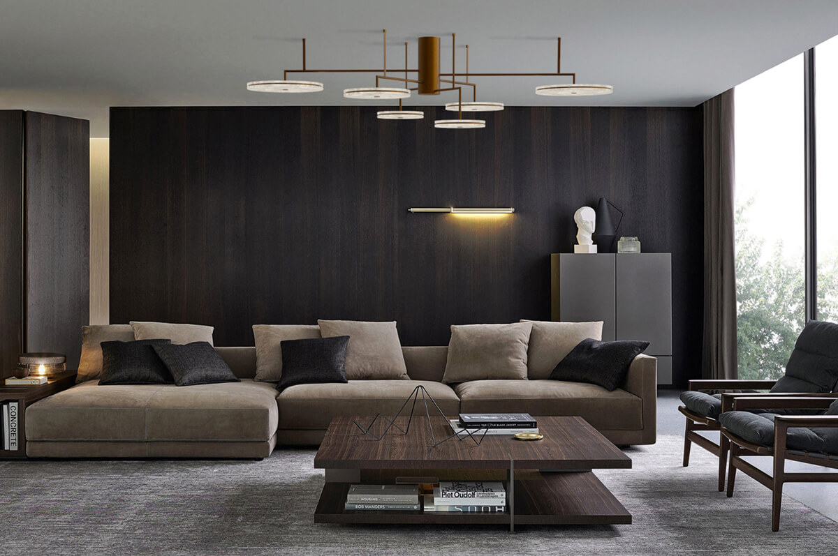 Ідеї дизайну сучасної вітальні з зонуванням простору для відпочинку.