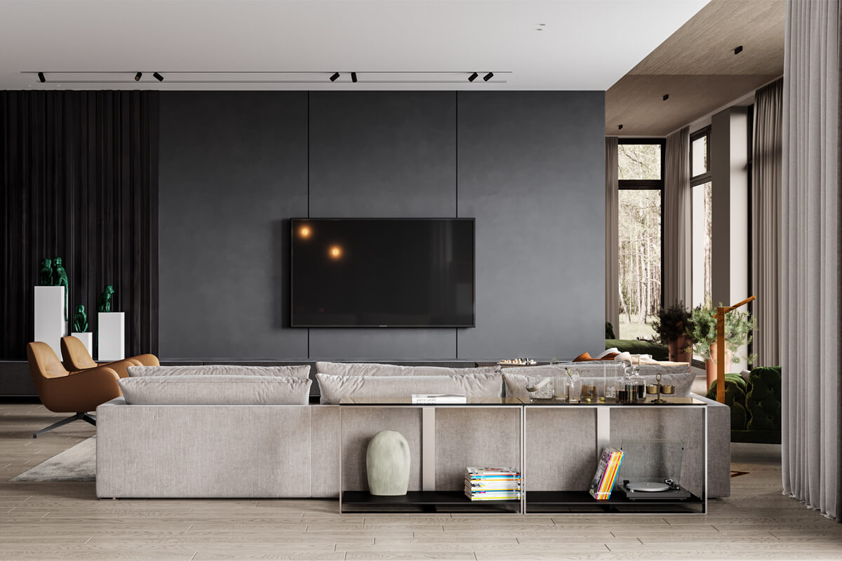 Сучасний дизайн вітальні з елегантними меблями та світлим декором.