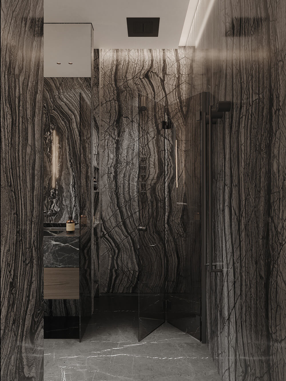 Душова перегородка з чорною металевою рамою, сучасний лофт у ванній кімнаті