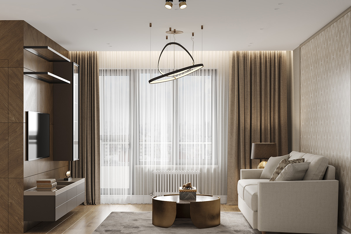 Затишна вітальня в кавових відтінках з акцентом на дерев'яні меблі та природне освітлення.