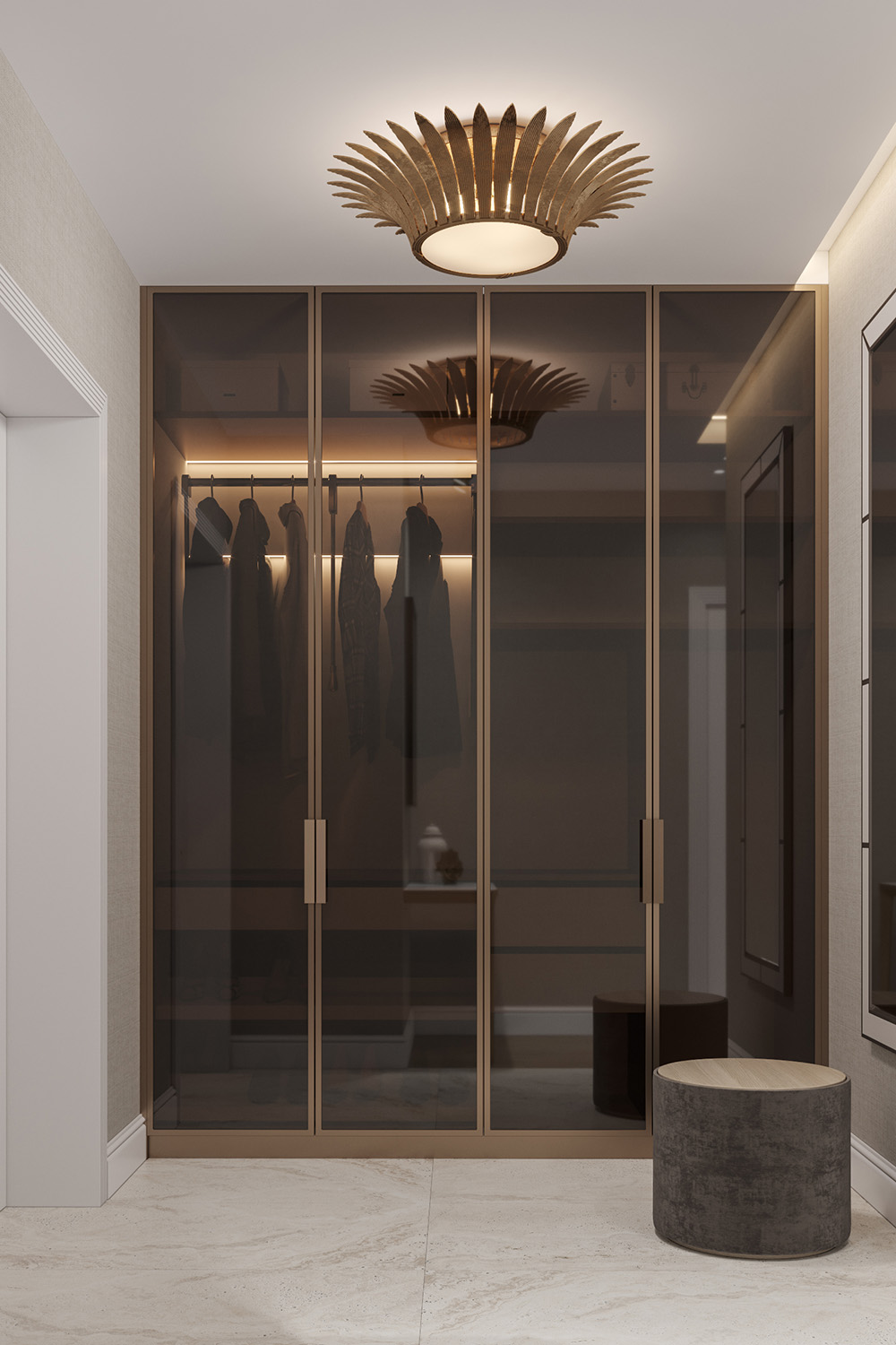 Кавовий колір в поєднанні з золотими елементами: розкішний та вишуканий інтер'єр вітальні.