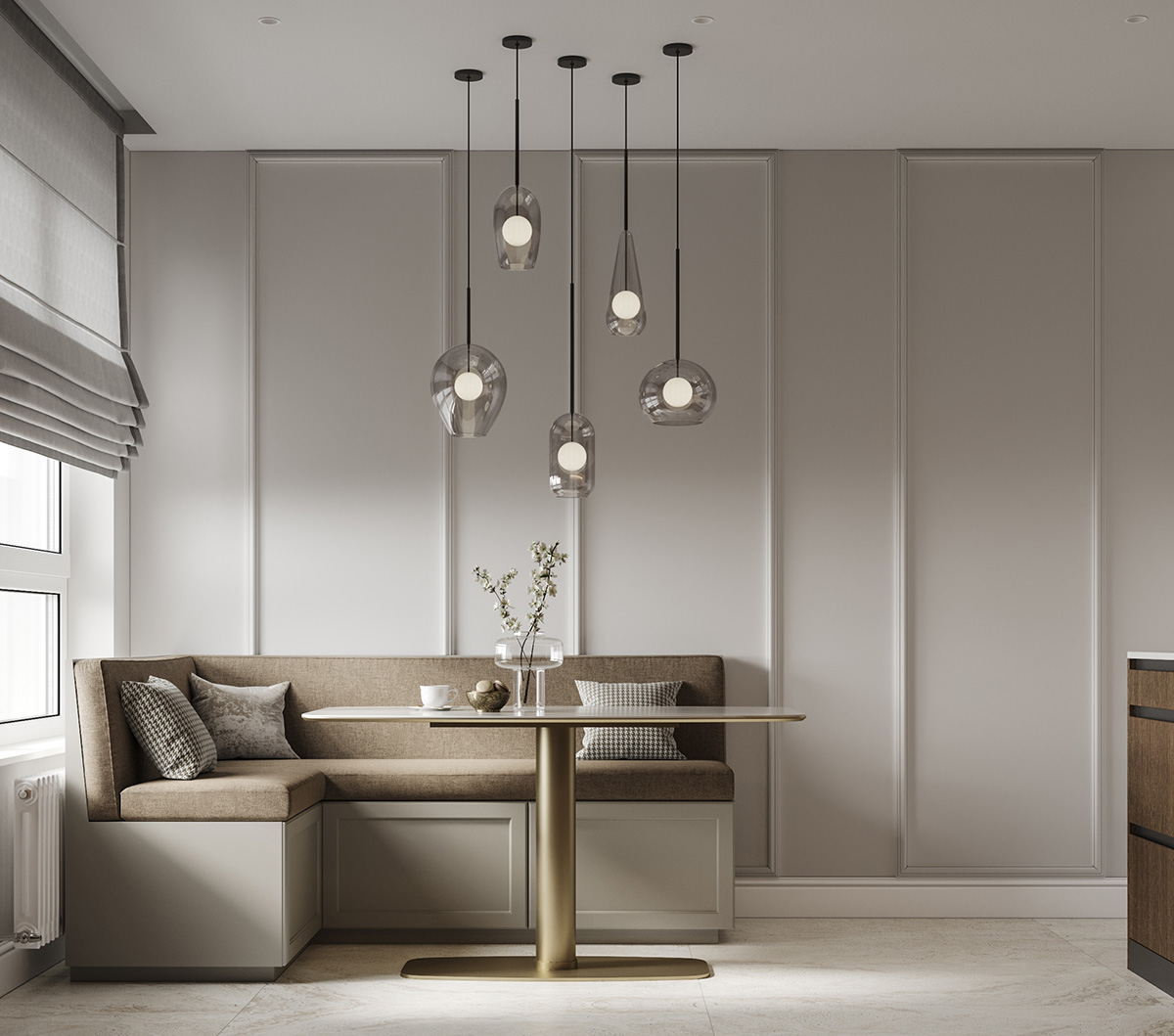 Кавовий інтер'єр з додаванням зелених рослин: свіжий та живий дизайн вітальні з великими вікнами.