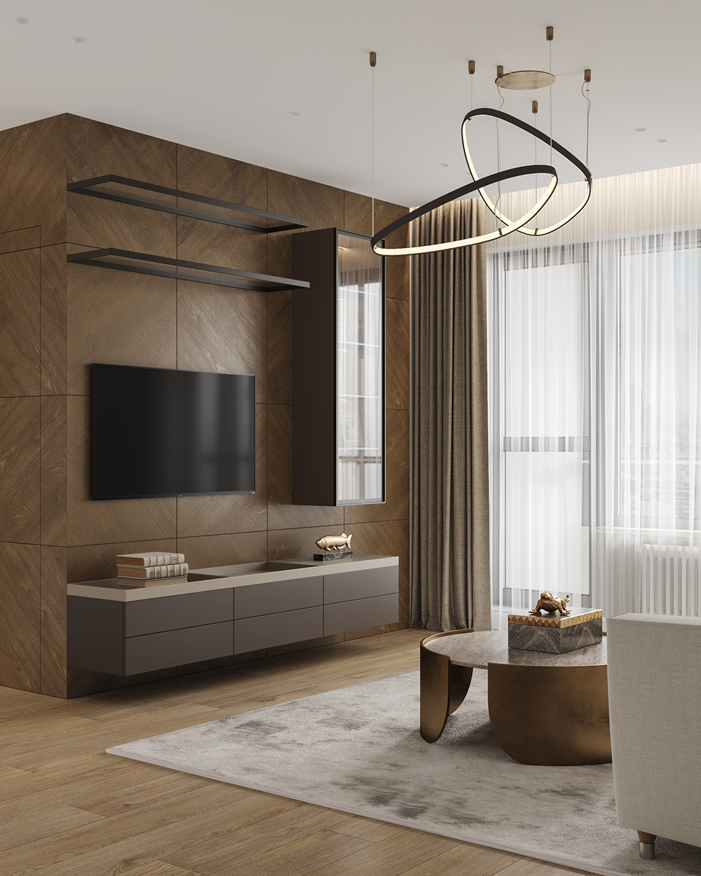 Деталі кавового декору: подушки, пледи, та картини в коричневих тонах створюють затишок.