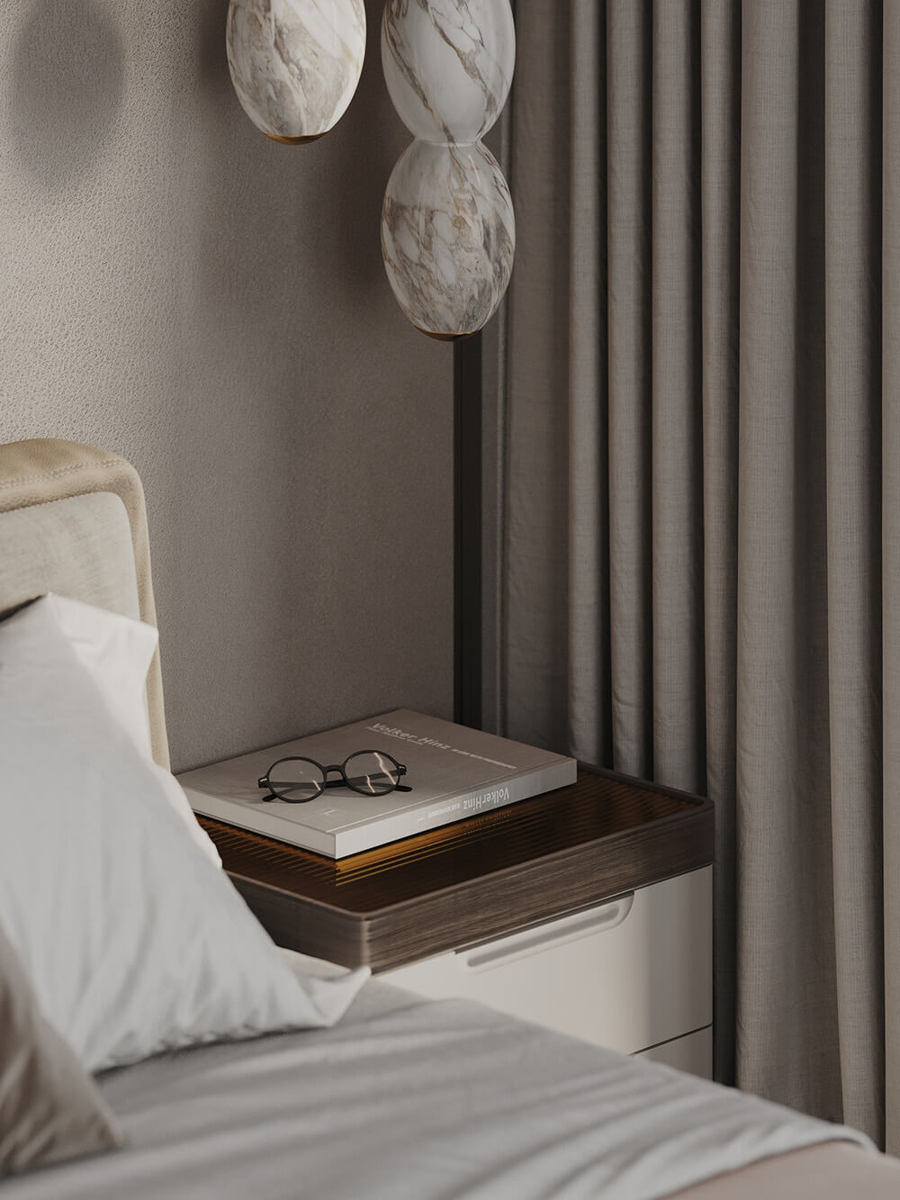 Стильний інтер'єр спальні з лляною постільною білизною та декоративними елементами, льон для штор.