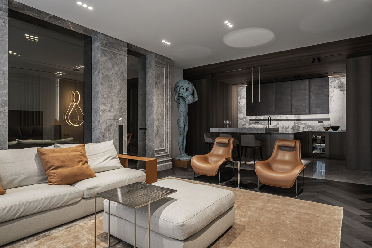 Розкішний інтер'єр з використанням натурального каменю граніту для облицювання стін.