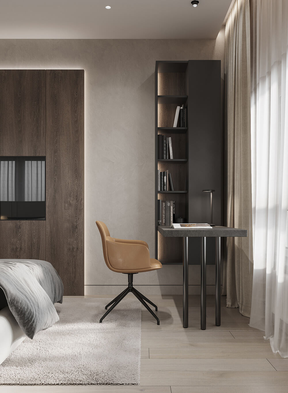 Стильна робоча зона в спальні з настільною лампою для додаткового освітлення.