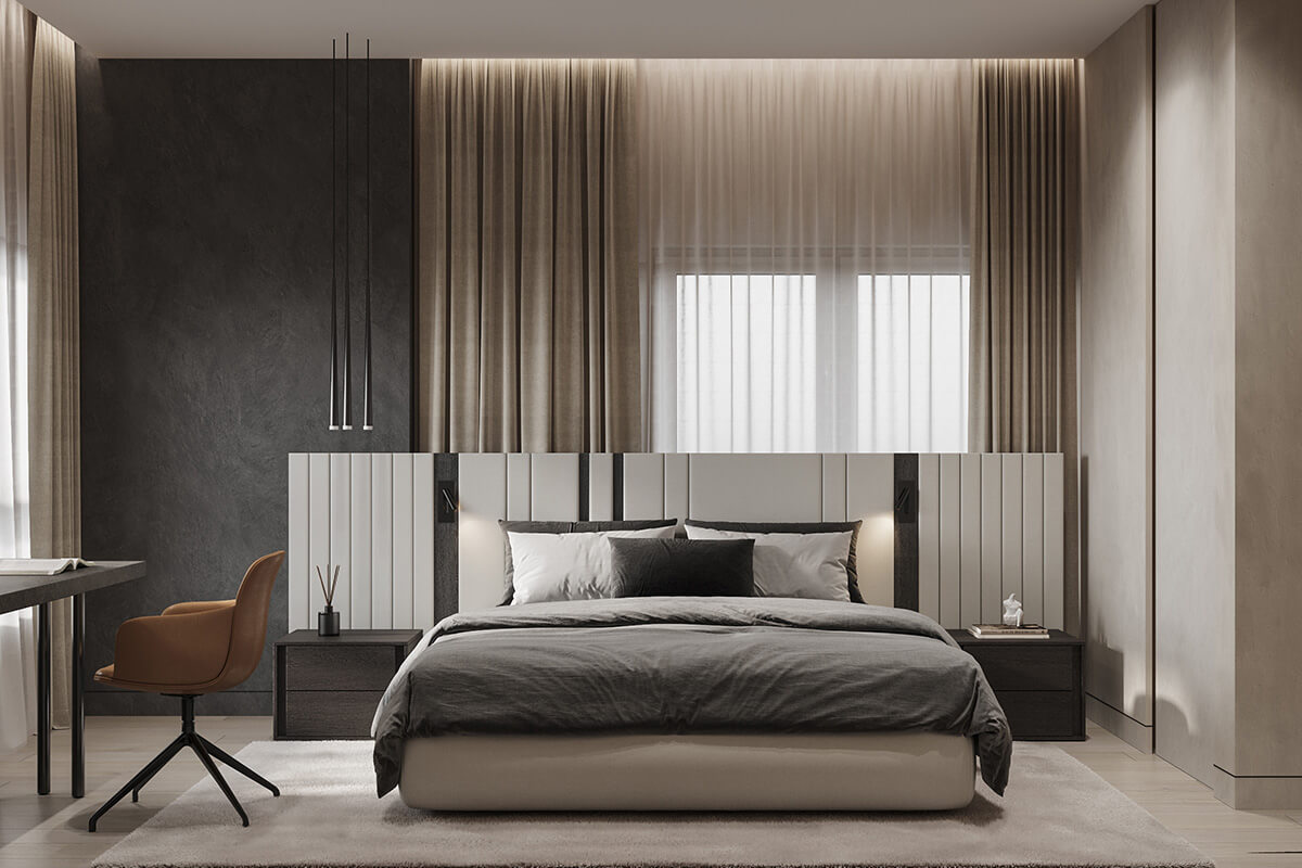 Сучасна робоча зона в спальні з мінімалістичним дизайном та природним освітленням.