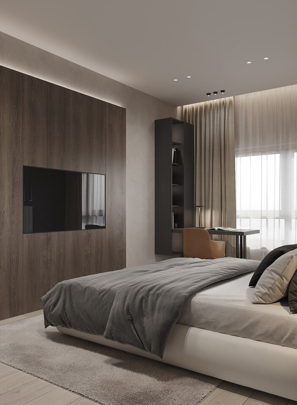 Компактна робоча зона в невеликій спальні з використанням світлих тонів.