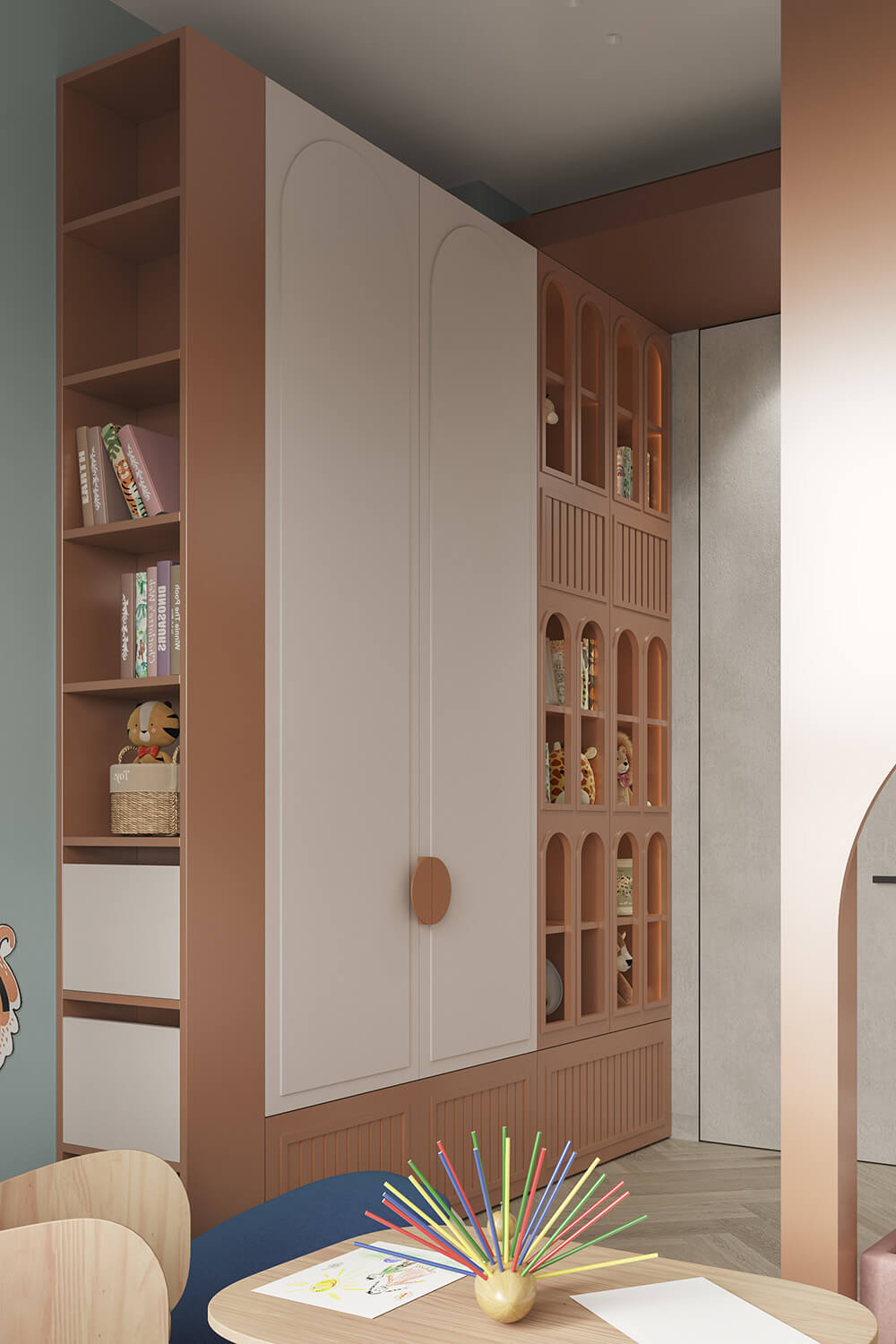 Організація дитячої кімнати: продумане зберігання іграшок для створення затишного простору.