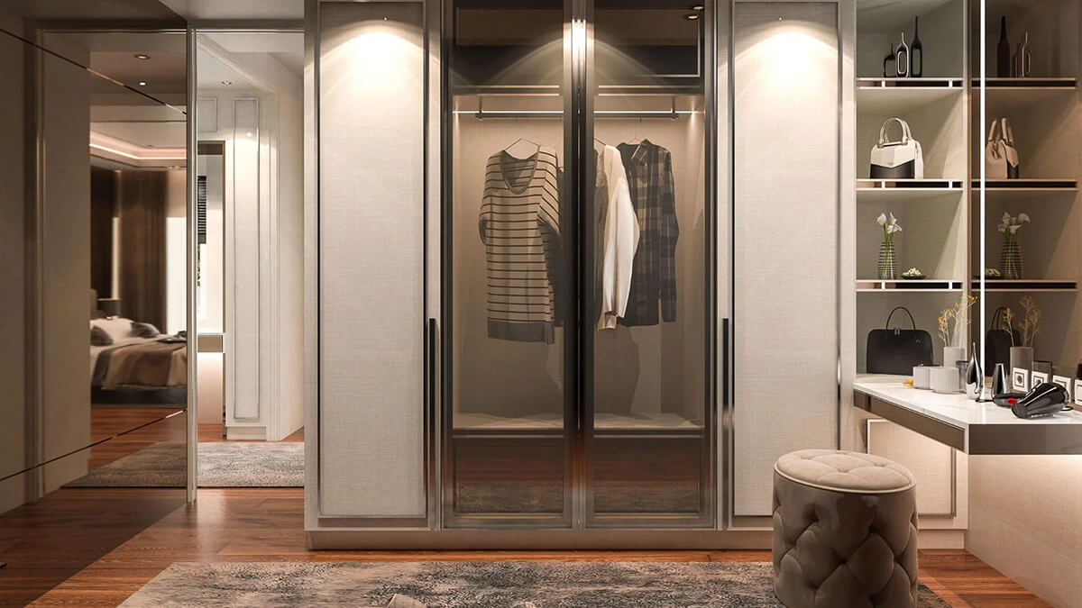 Сучасний дизайн гардеробної з акцентним LED освітленням, що підкреслює стиль.