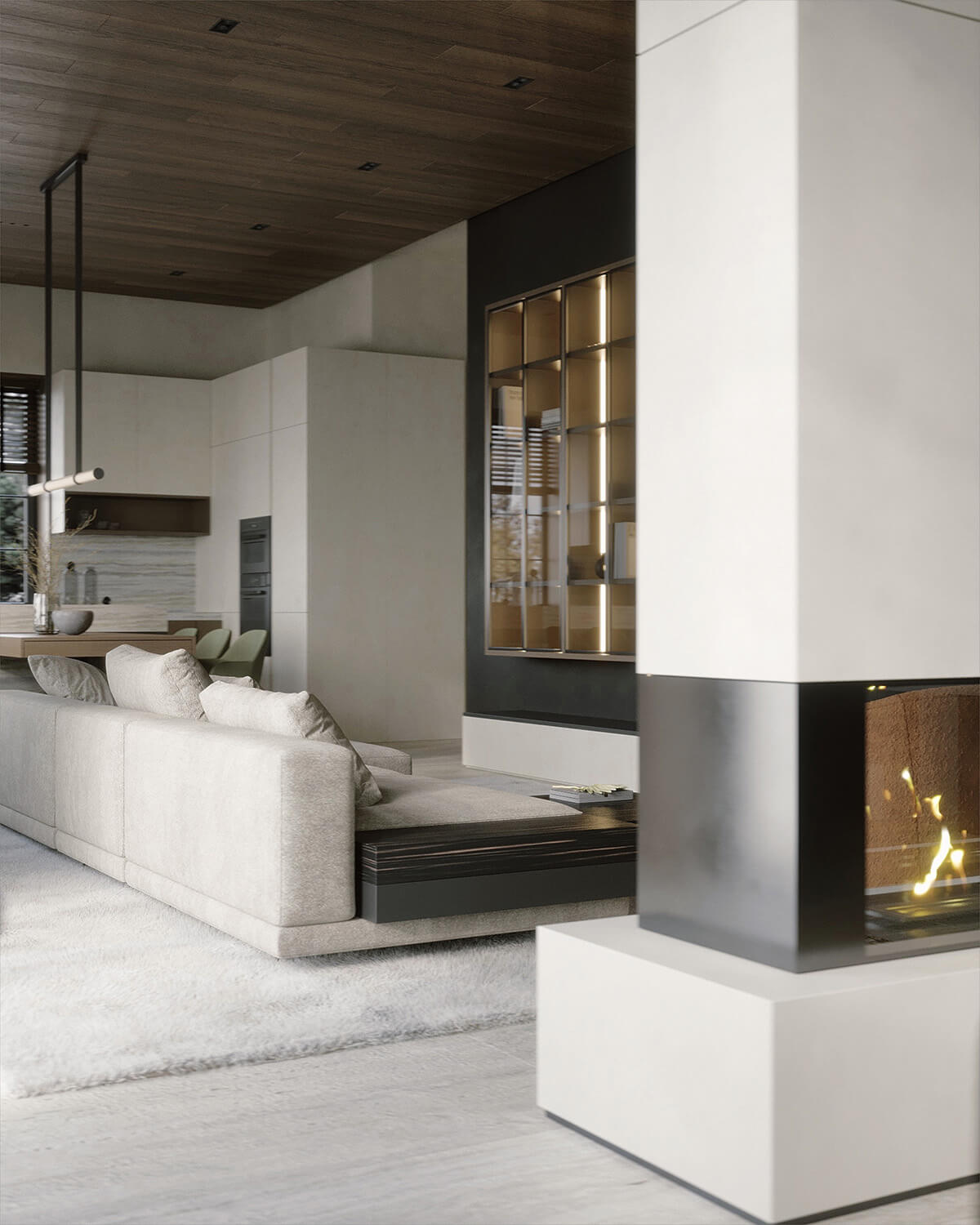 Елегантний дизайн інтер'єру з поєднанням світлого та темного дерева в обробці стін.