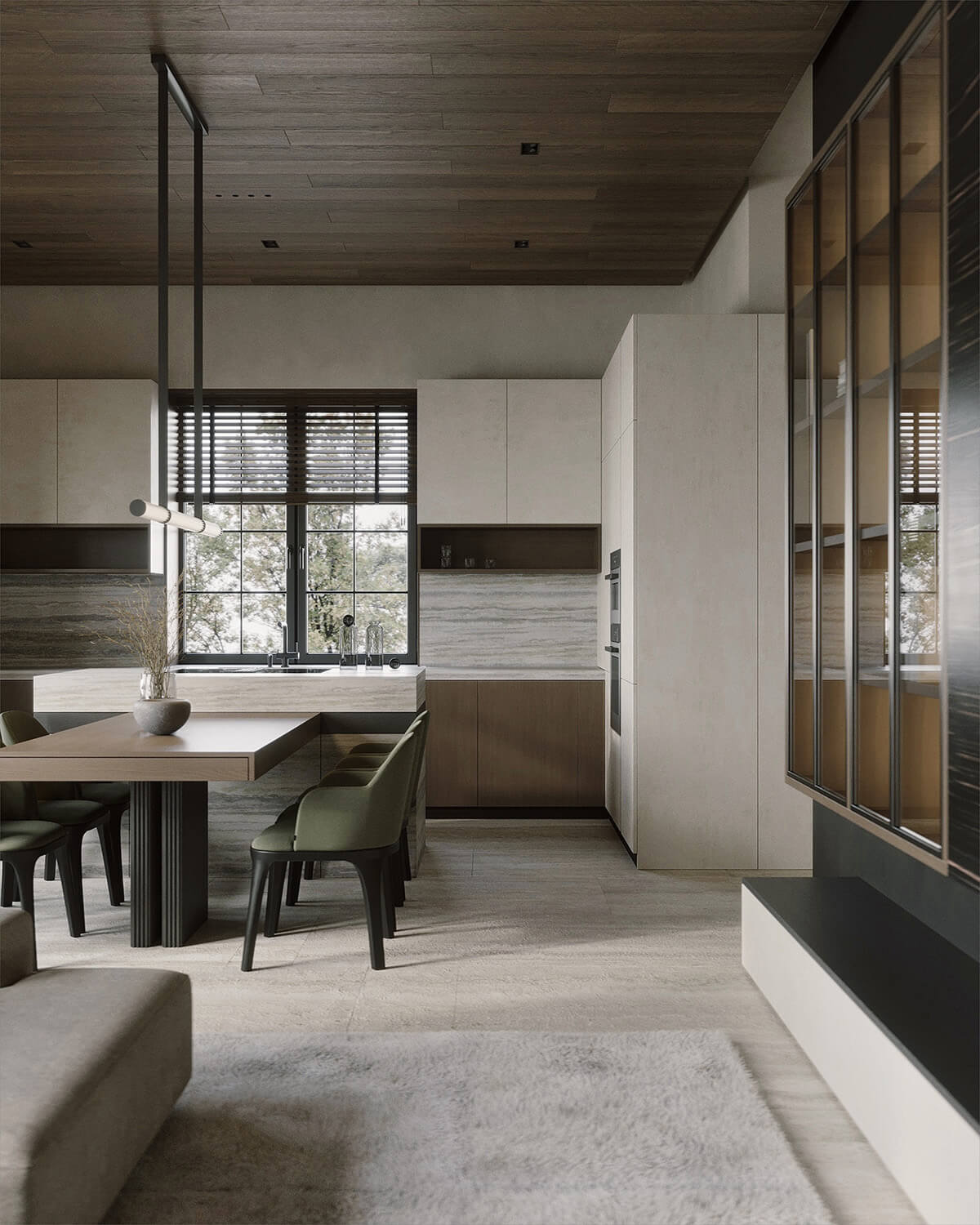 Приклад гармонійного поєднання дерев'яних меблів різних відтінків у сучасній вітальні.