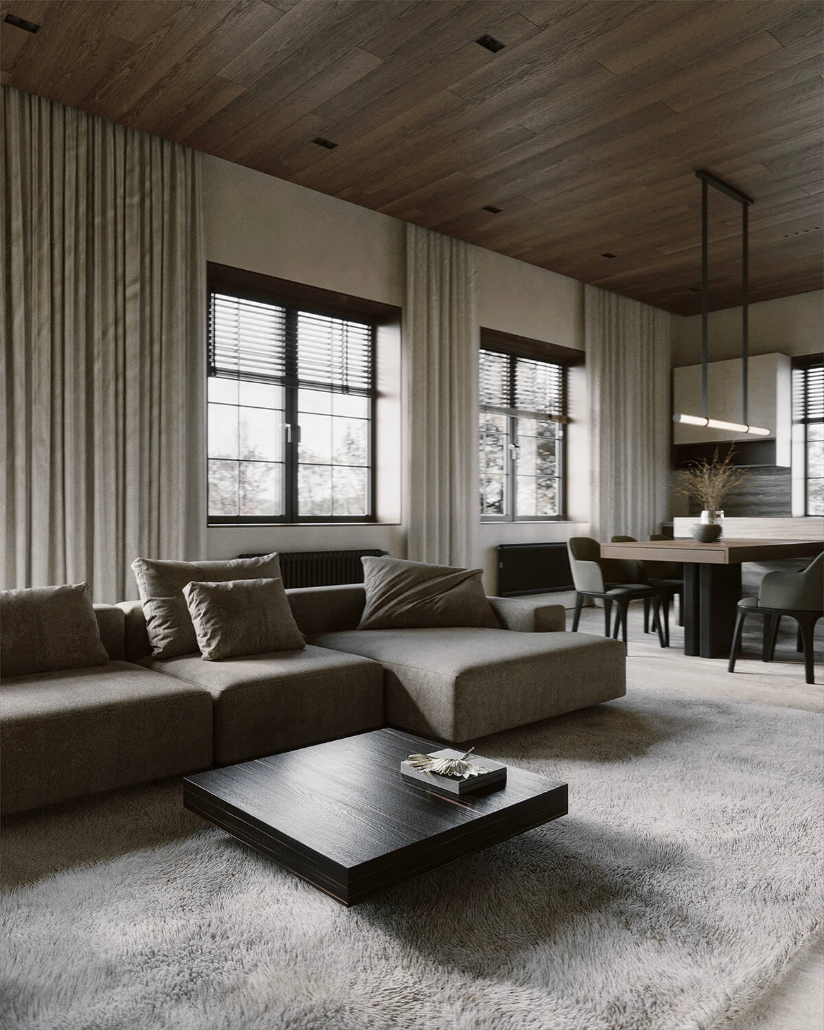 Стильне поєднання дерев'яних меблів різних відтінків у вітальні