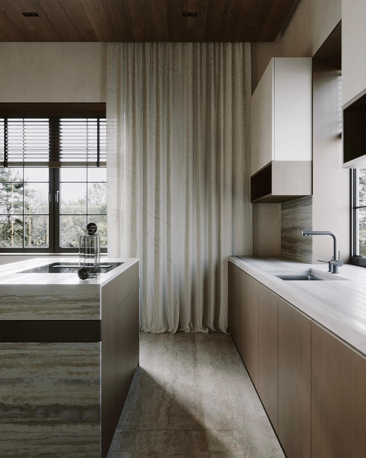 Інтер'єр з використанням різних відтінків дерева: стіни, підлога та меблі в гармонії.