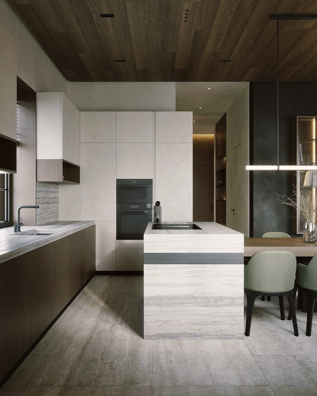 Елегантне поєднання дерев'яних панелей різних порід в сучасному інтер'єрі вітальні