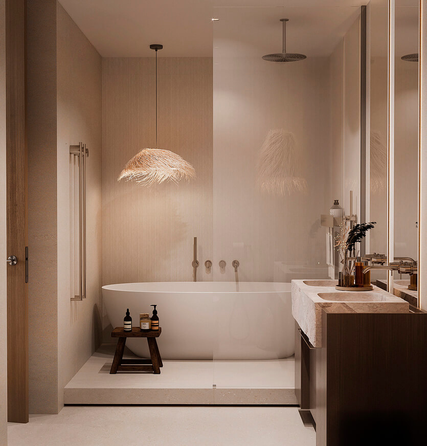 Мінімалістичний дизайн ванної кімнати в стилі СПА з акцентом на спокій та простоту