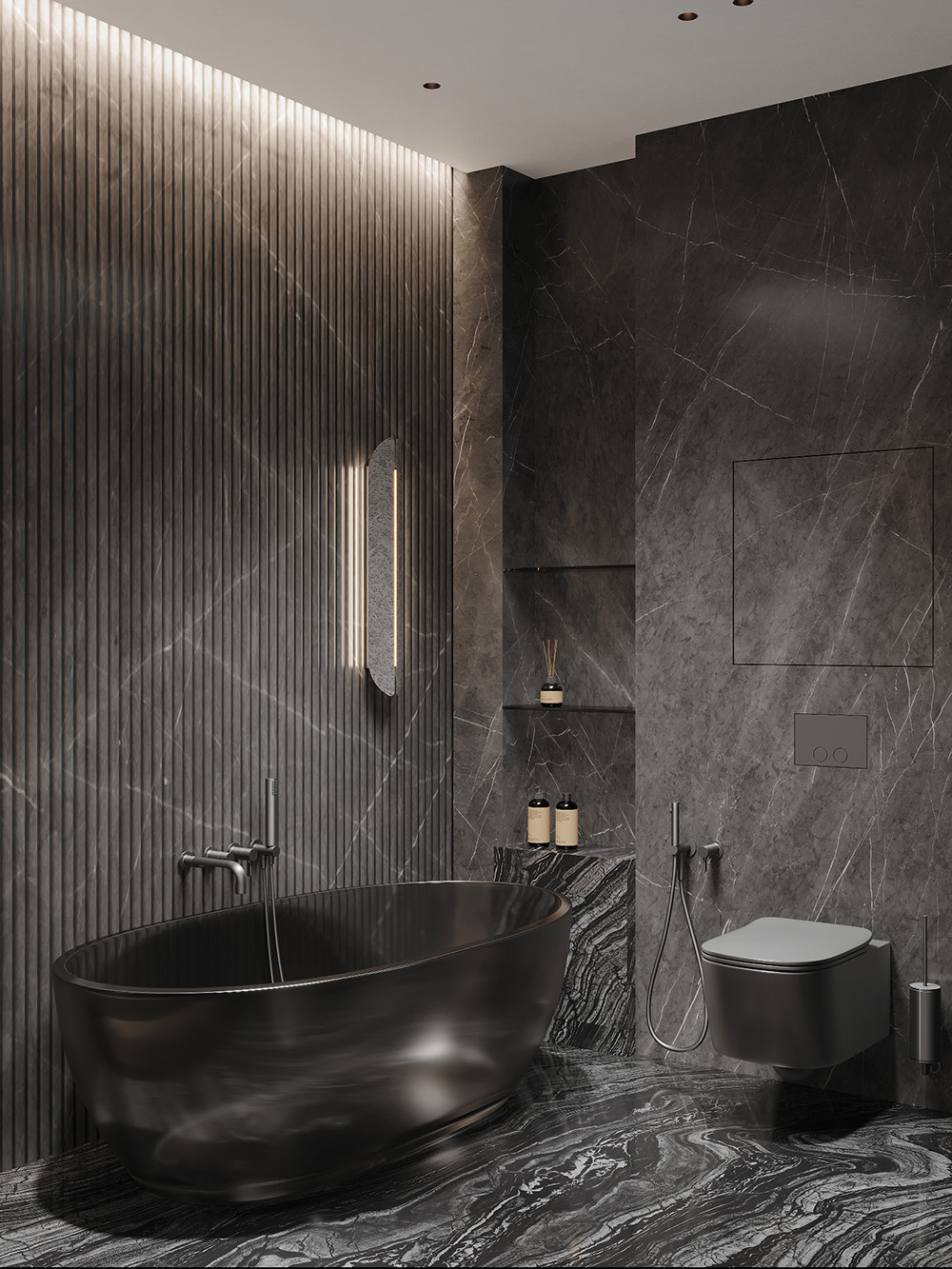 Ванна кімната з використанням натурального каменю: мармурова підлога і стіни.