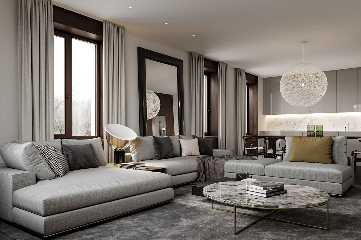 Вибір штор для дому: двоколірні штори в сучасному інтер'єрі вітальні, поєднання кольорів