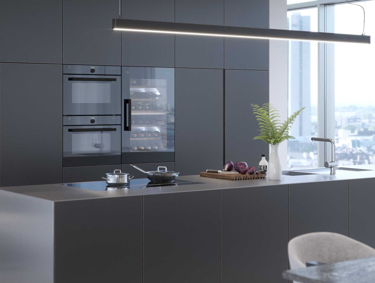 Елегантна кухня з побутовою технікою з нержавіючої сталі для сучасного інтер'єру