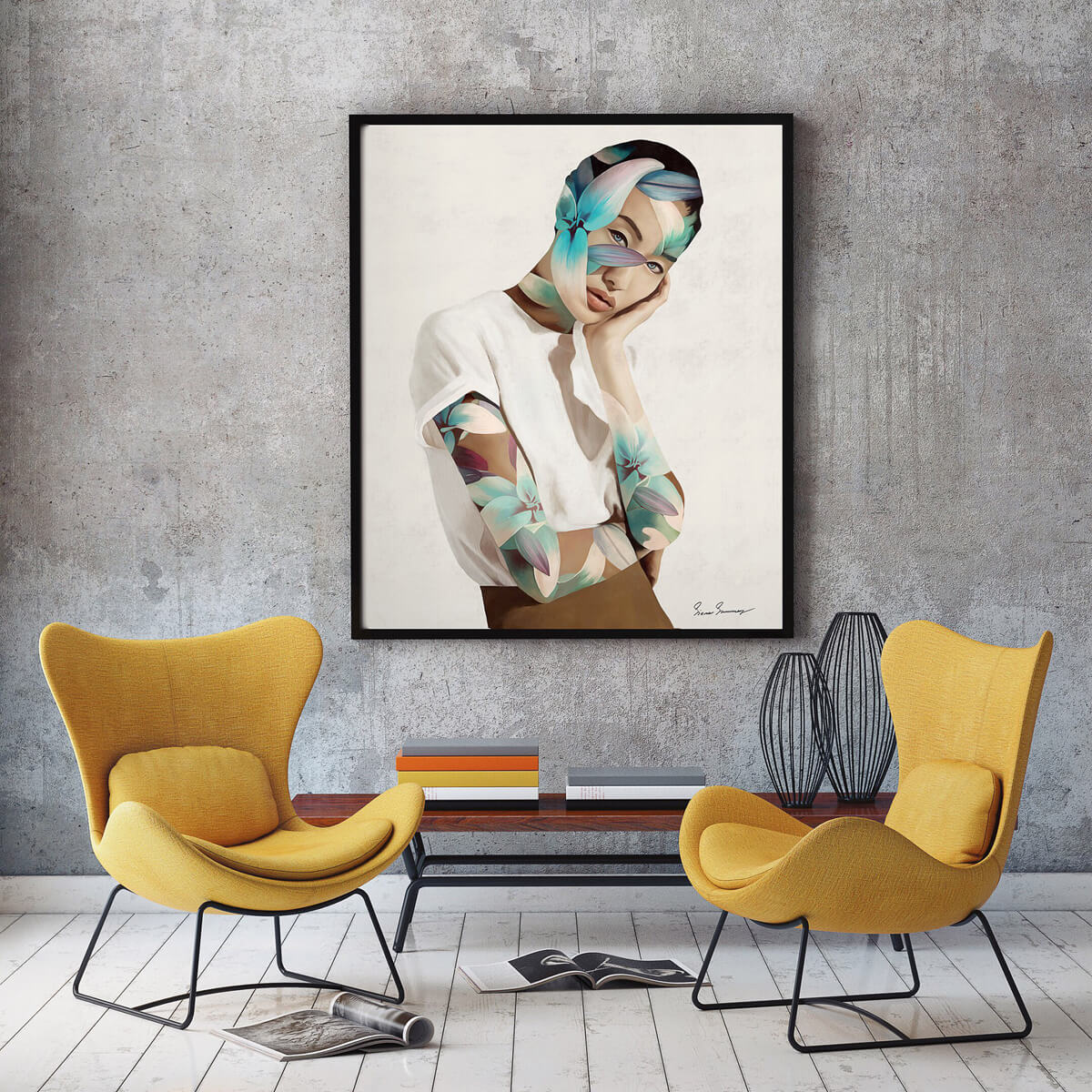 Постери в дизайні: стильний постер з графічним принтом над ліжком в сучасній спальні.