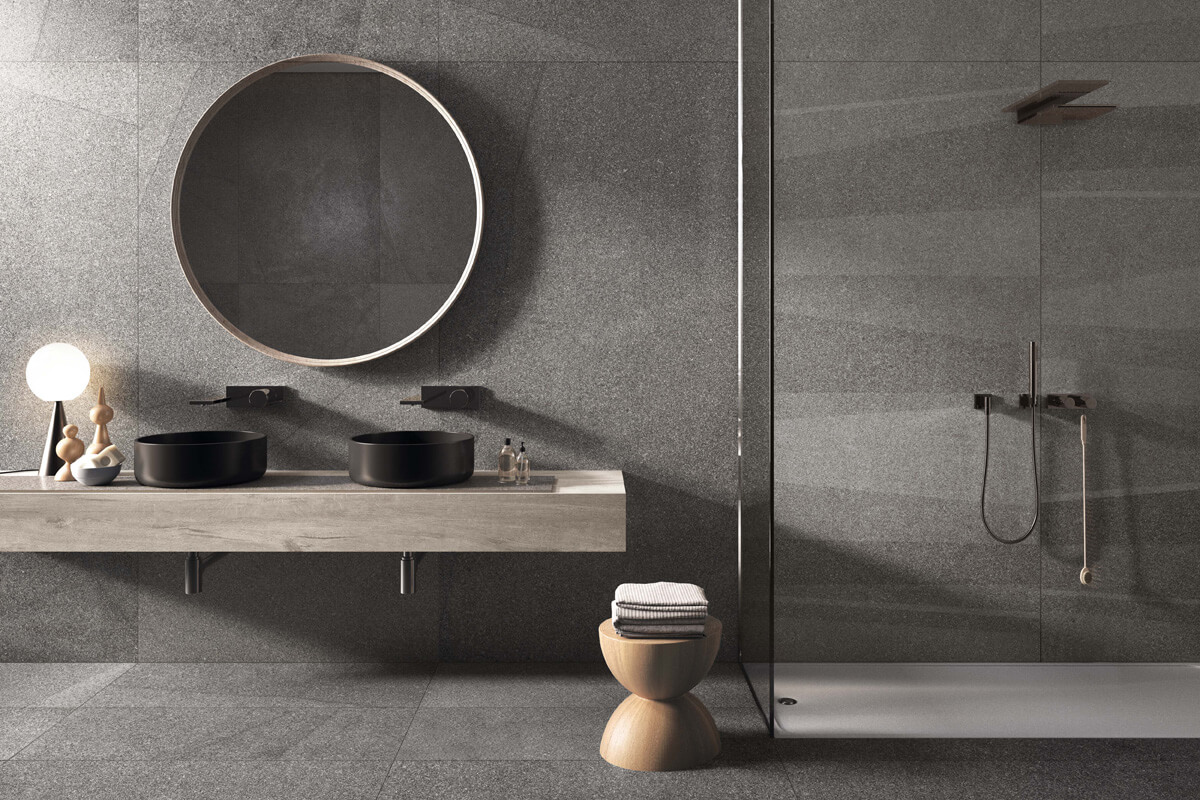 Зображення керамогранітної плитки, яка використовується для облицювання підлоги в сучасному інтер'єрі.