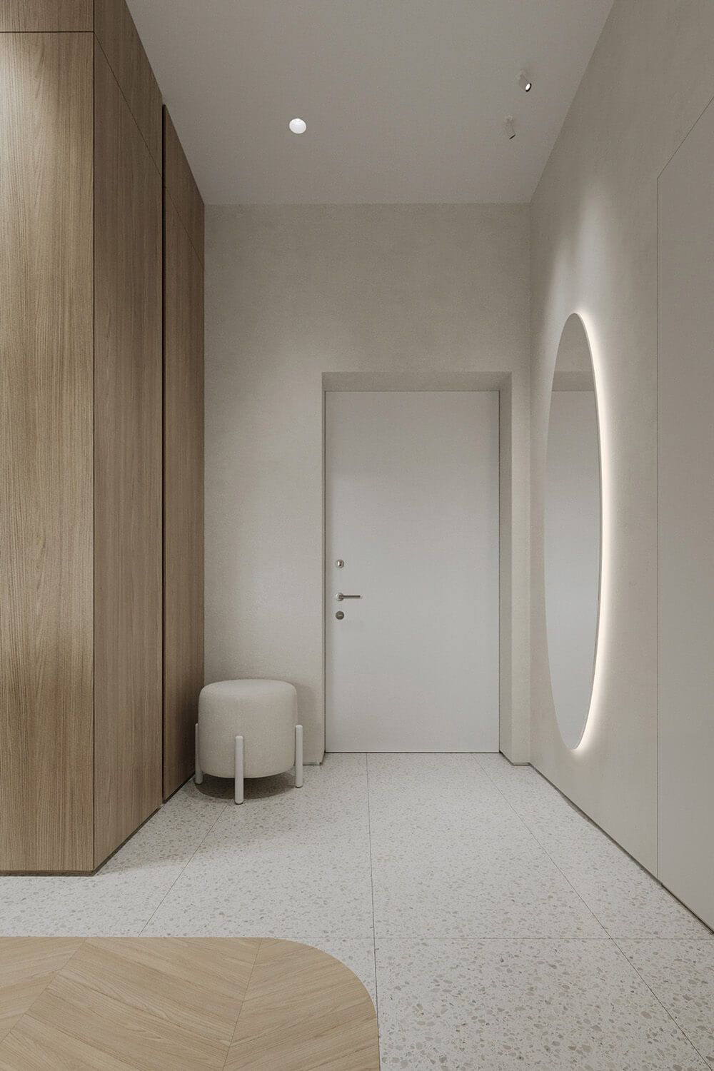 Затишний куточок для читання в кремових тонах з плетеним кріслом і торшером