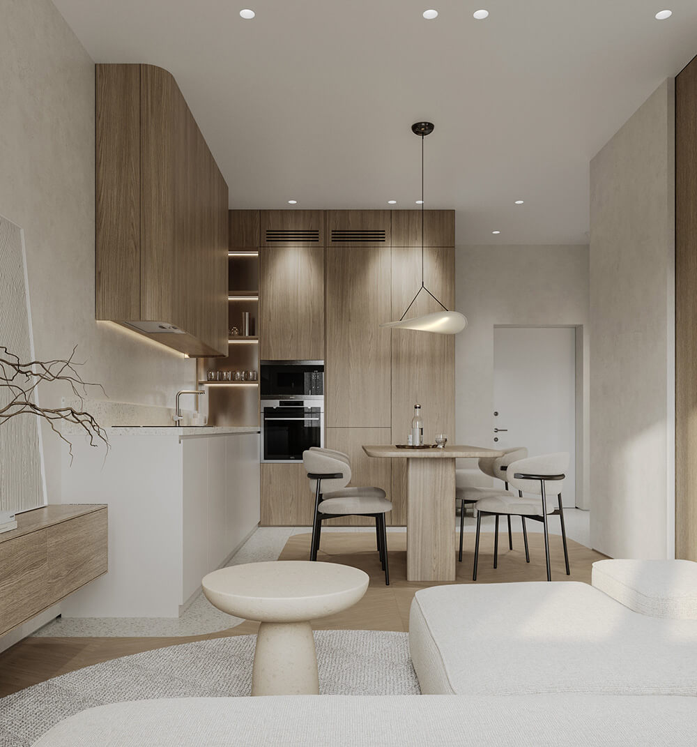 Стильний дизайн спальні в кремових тонах з акцентним текстилем та м'яким освітленням