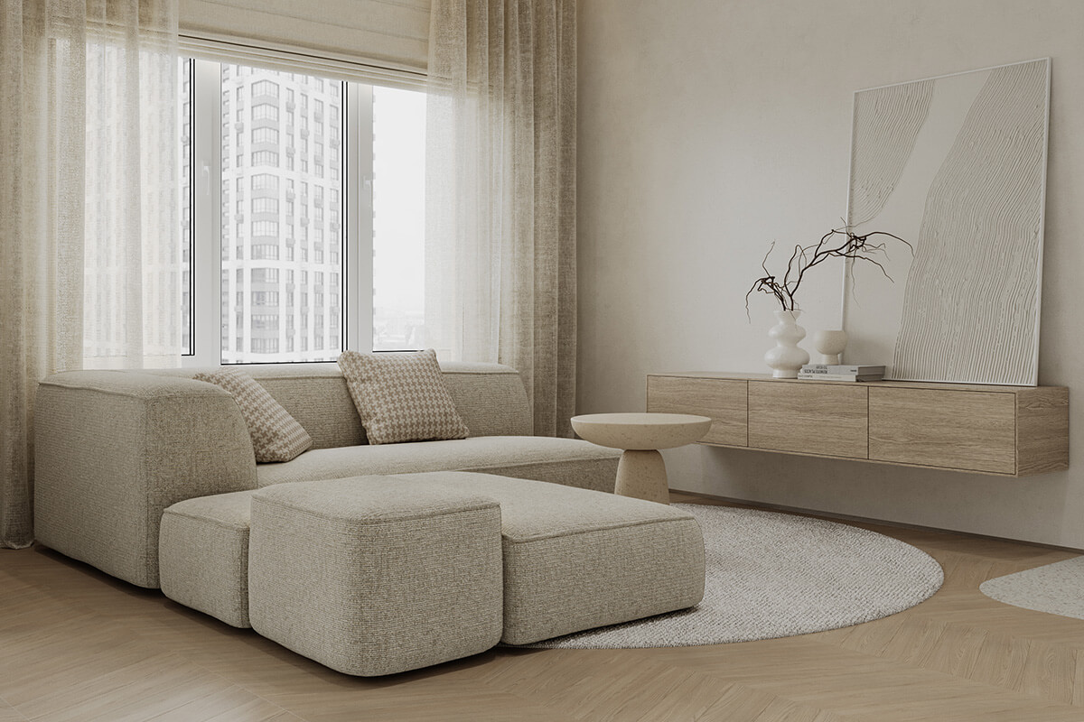 Кремовий колір в інтер'єрі: затишна вітальня з кремовим диваном та дерев'яними елементами