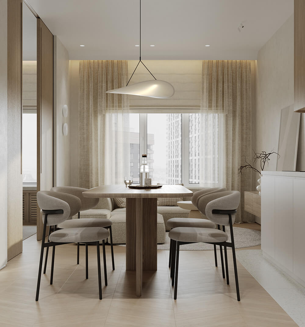 Кремова кухня з дерев'яними шафами та світлим кам'яним стільницею, ідеальне поєднання кольорів