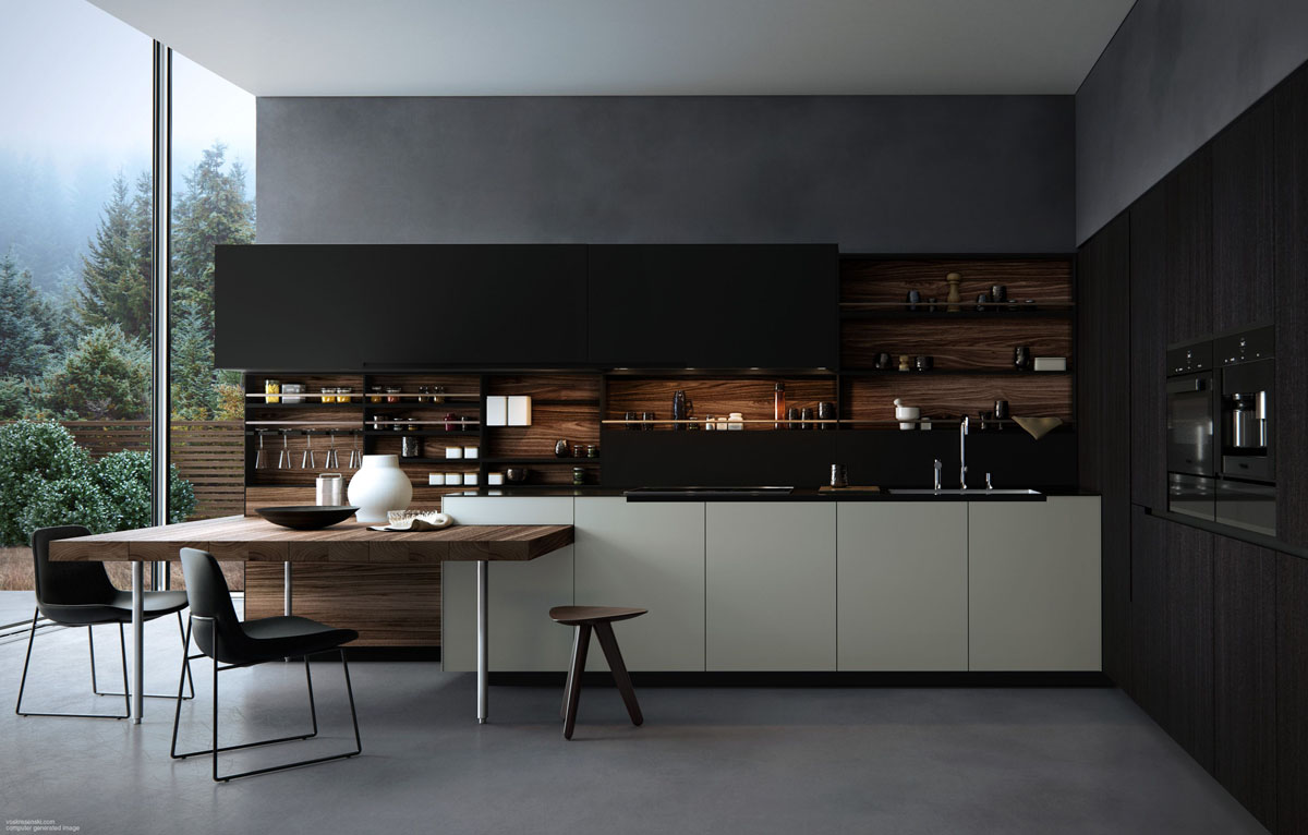 Кухня з відкритими полицями, оформлена в світлих тонах, що додає простору та світла.