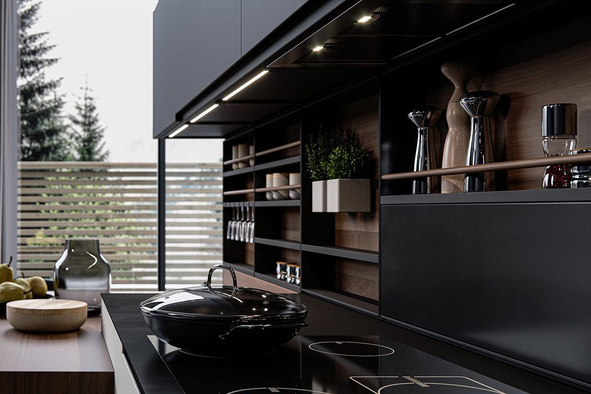 Дизайн кухні з відкритими полицями для зберігання посуду та кухонного начиння.