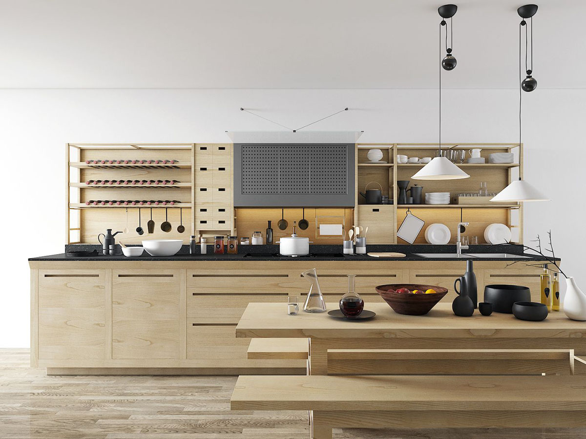 Інтер'єр кухні з відкритими металевими полицями, організованими для зручного зберігання.