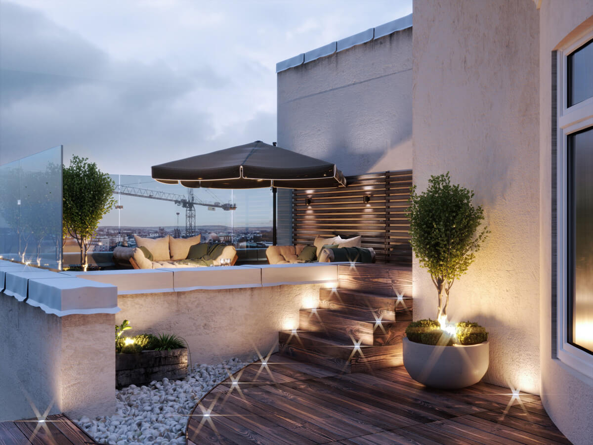 Простора тераса квартири з зоною відпочинку, меблями та озелененням, чудовий краєвид