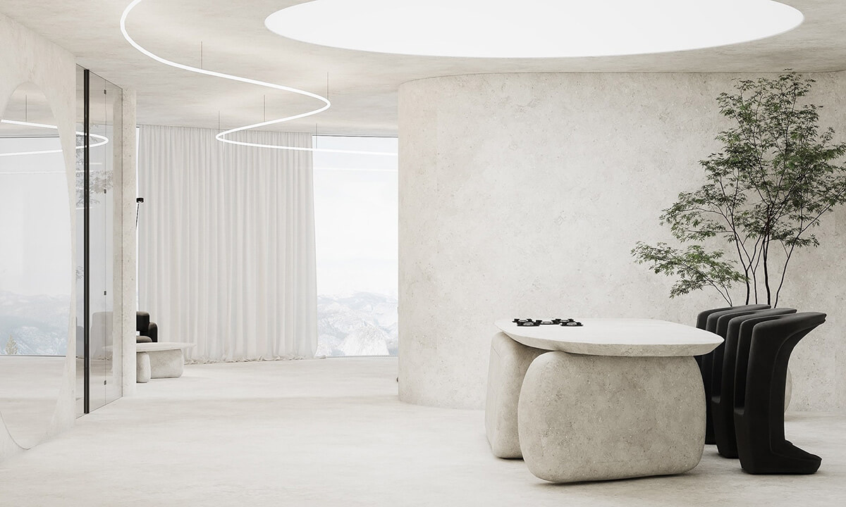 Інтер'єр з мікроцементом: елегантна спальня з бетонними стінами та акцентом на мінімалізм.