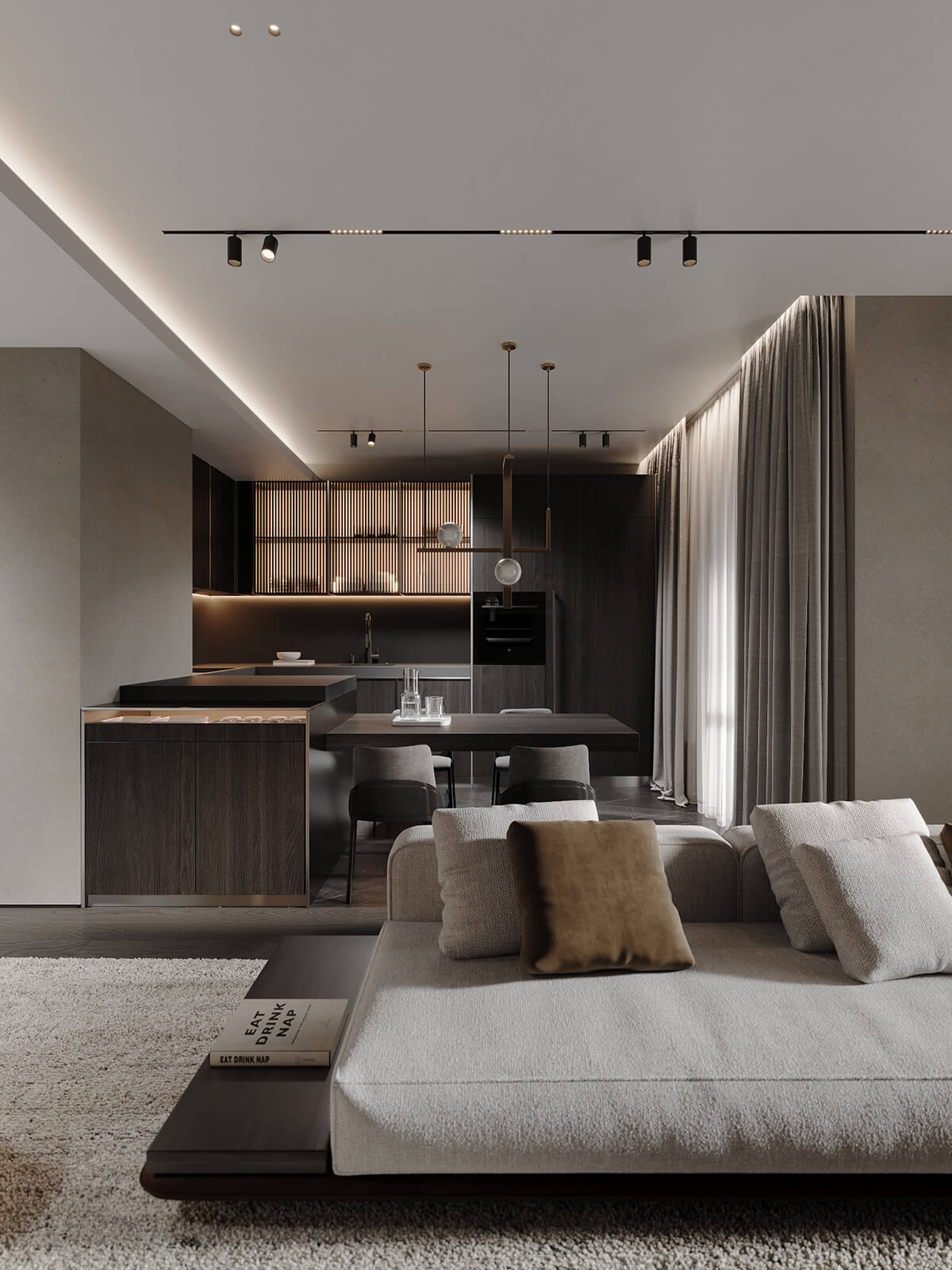 Мінімалюкс стиль в інтер'єрі: вітальня з дизайнерськими меблями, великою люстрою та панорамним видом