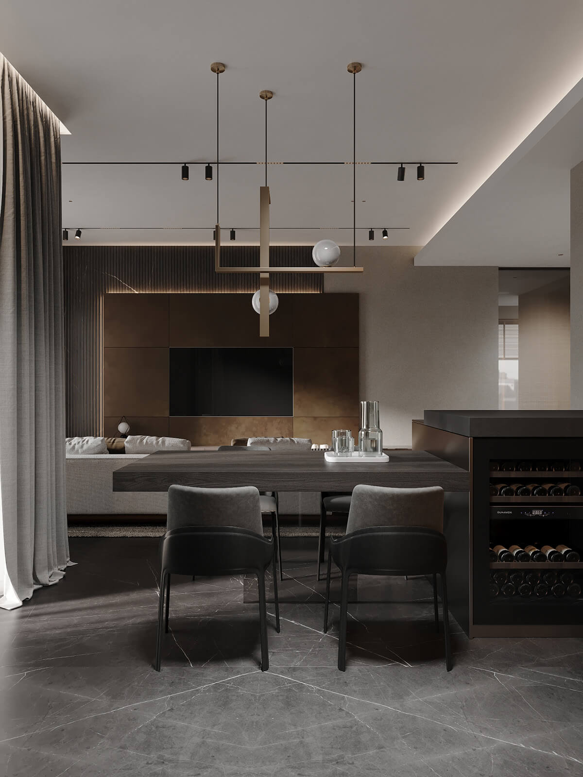 Загальний вигляд інтер'єру в стилі мінімалюкс: простір, світло та розкішні акценти.