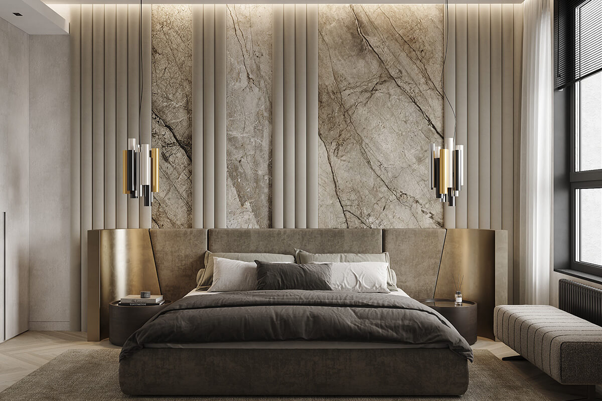 М'які стінові панелі в інтер'єрі, що поєднують затишок та комфорт, в спальні.