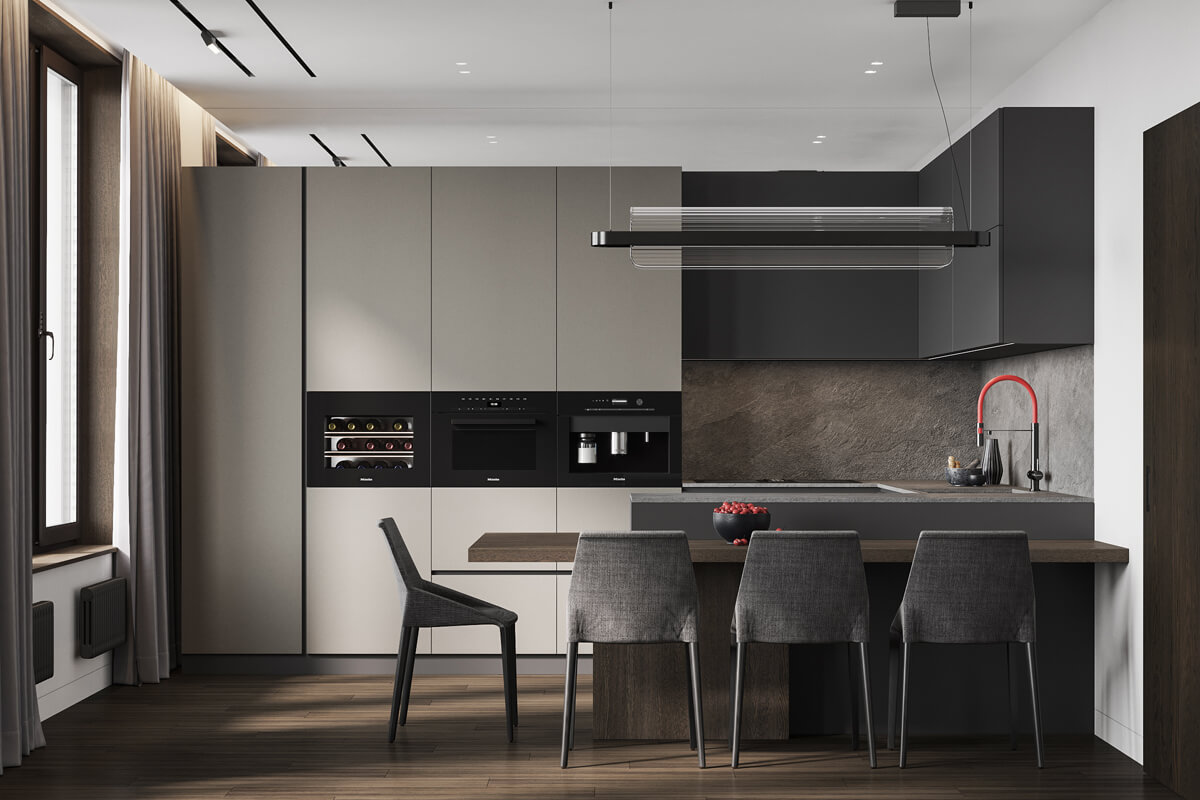 Сучасний чоловічий інтер'єр квартири з акцентом на мінімалізм та функціональність.