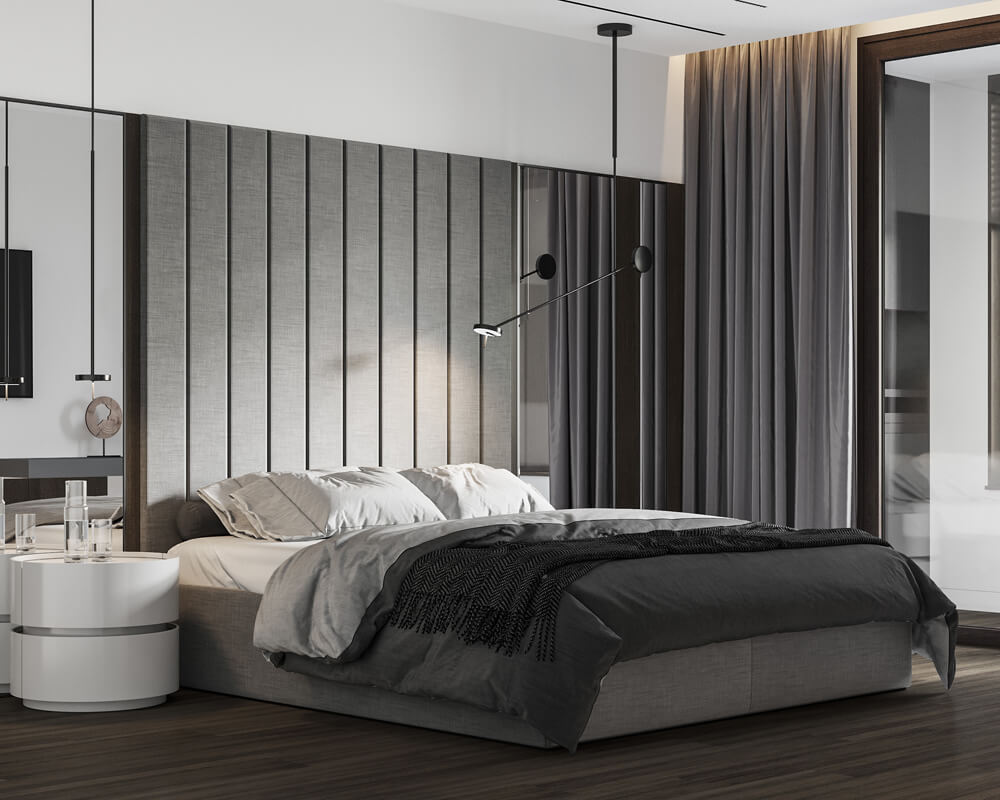 Інтер'єр чоловічої квартири в мінімалістичному стилі з великими вікнами та природним освітленням.