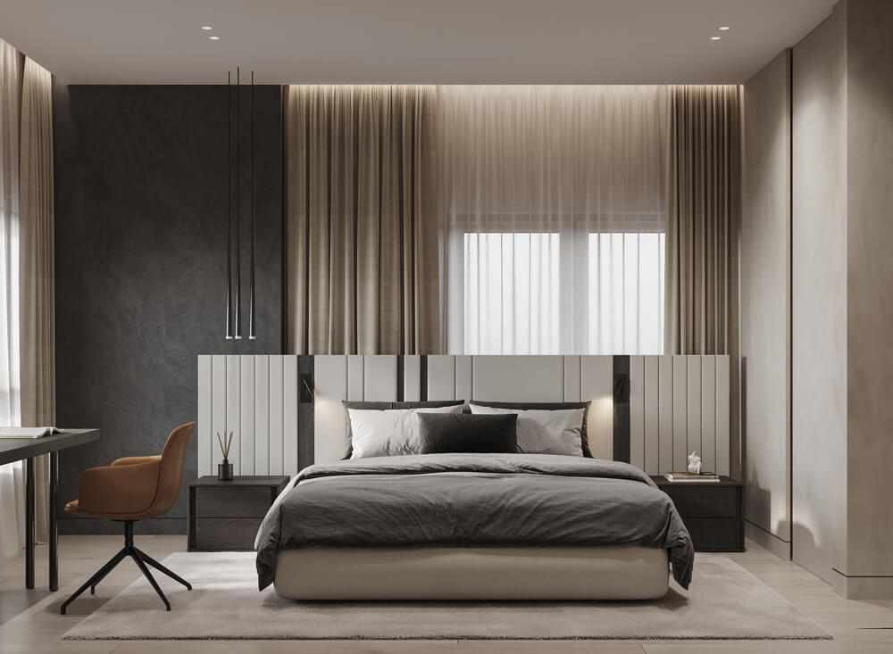 Чоловічий інтер'єр з елементами мінімалізму та темною кольоровою гамою.