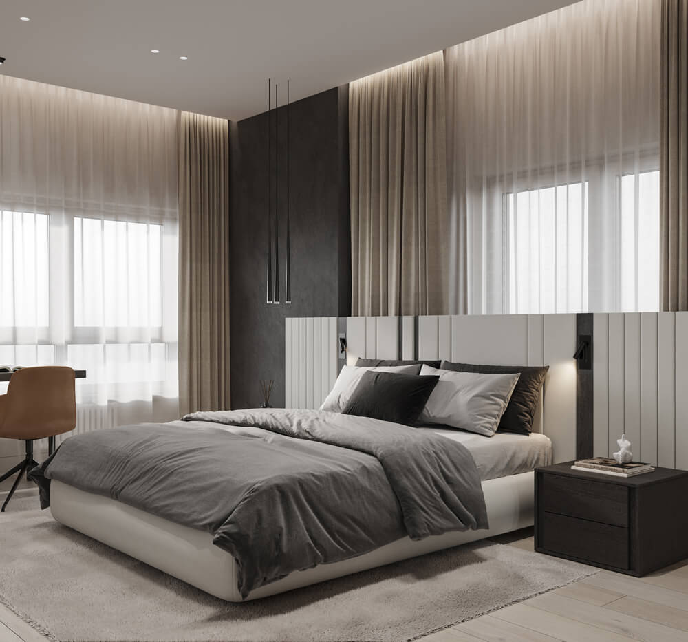 Елегантний чоловічий інтер'єр з каміном та великими вікнами.