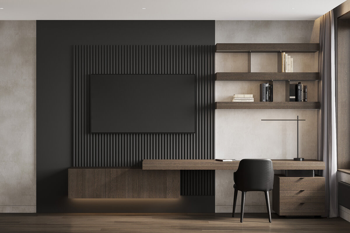 Настінні полиці в сучасному інтер'єрі вітальні з книгами та декором, організація простору.