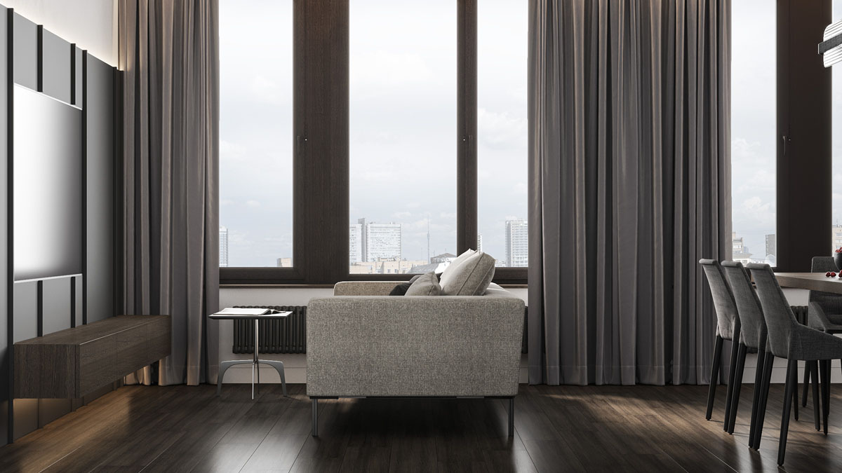 Мінімалістичний інтер'єр вітальні з акцентом на функціональність та відсутність зайвих деталей.